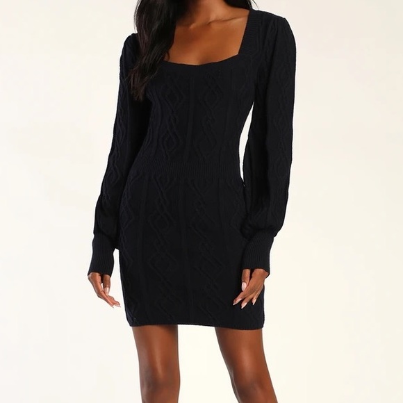 Lulu’s Favorite Days Midnight Blue Cable Knit Mini Sweater Dress - Picture 2 of 8